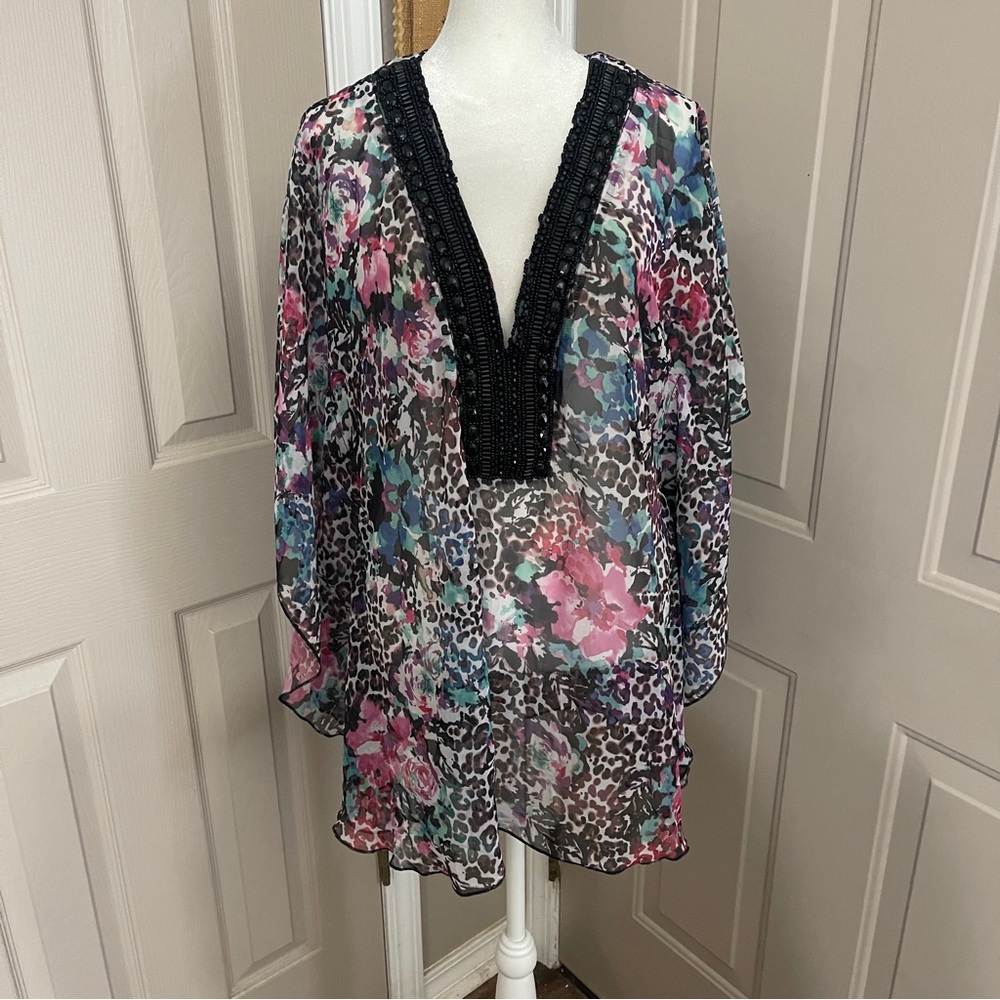 Kenneth Cole New York leopard floral beaded caftan swimsuit coverup. Size S.